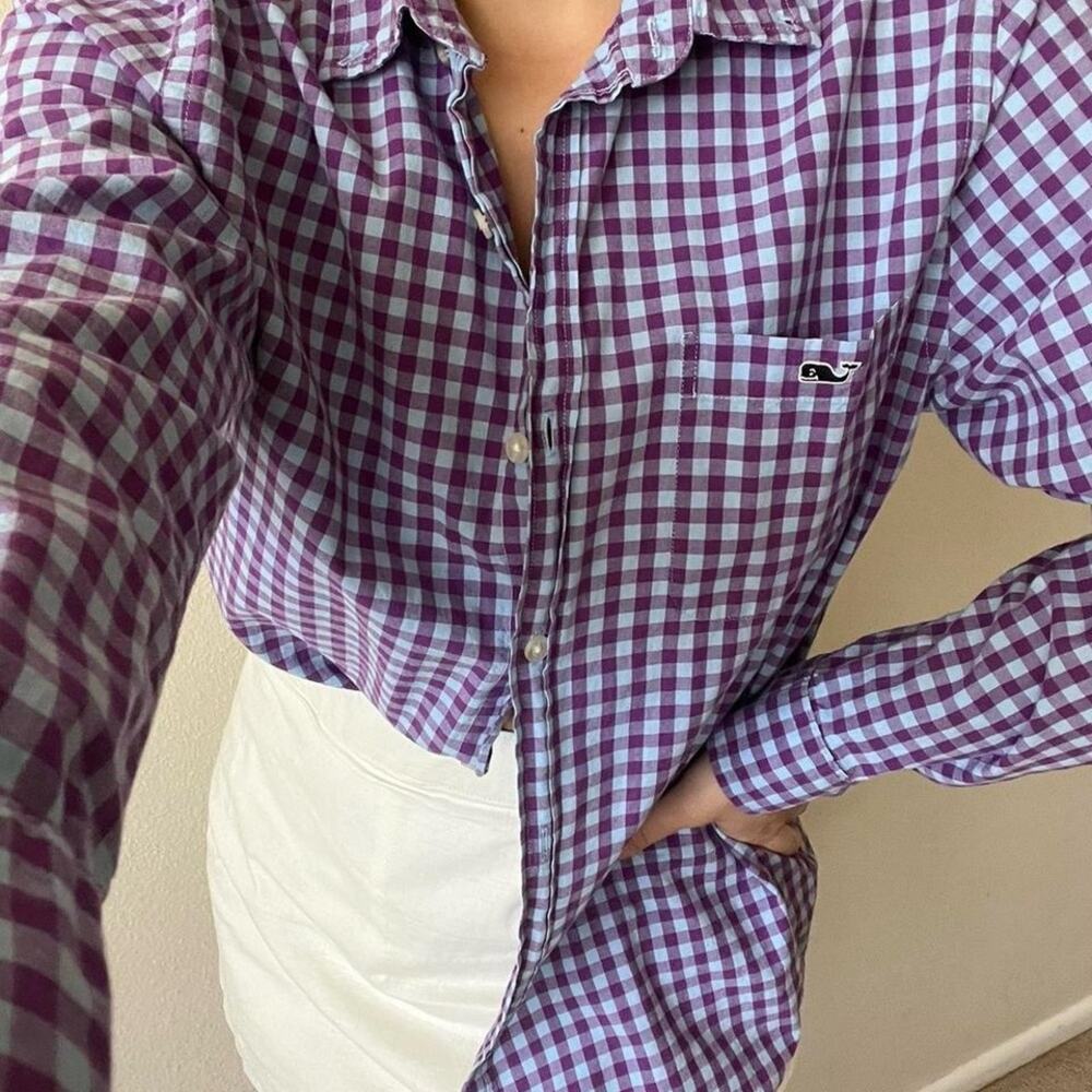 Vineyard Vines Purple gingham Button up collegiate coastal preppy vacation work